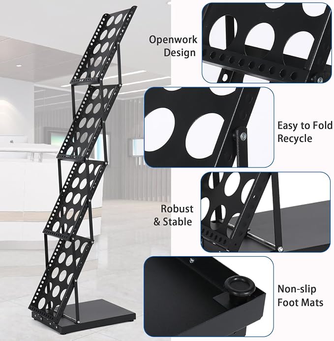 Foldable Brochure Display Stand with Carrying Bag, Literature Stand 4 Tier | Literature Rack for Trade Shows, Exhibitions, Office, and Retail Stores. Metal, Portable, and Easy to Assemble, Black Finish