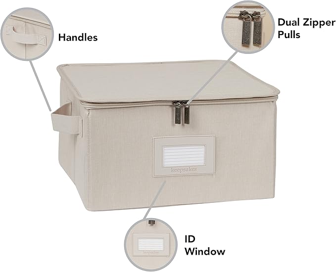 Covermates Keepsakes Zip-Top Storage Box Set, 3 Pack Heavy Duty Polyester Organizer Bins, Stackable Design, ID Window, Reinforced Handles, Closet Home Storage, Beige Heather