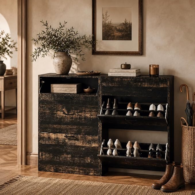 VINGLI Set of 2 Dark Rustic Oak Shoe Cabinet for Entryway, 2-Pack Ultra Slim Shoe Organizer with 2 Flip & 1 Drop-Down Drawers, 24.8" W Narrow Shoe Cabinet for Front Door, Modern Dark Wood Shoes Rack