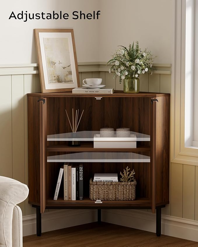 Fluted Corner Cabinet, Modern Small Floor Storage Cabinet with Adjustable Shelf, Wood Freestanding Narrow Organizer for Living Room Kitchen, Brown