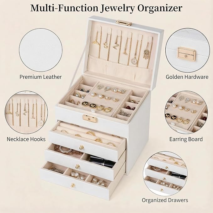 Leather Jewelry Box with Lock for Women, 4-Tier 3-Drawer Jewelry Organizer, Large Capacity Vanity Storage Case for Earrings Rings Necklaces, Gift for Her (White)