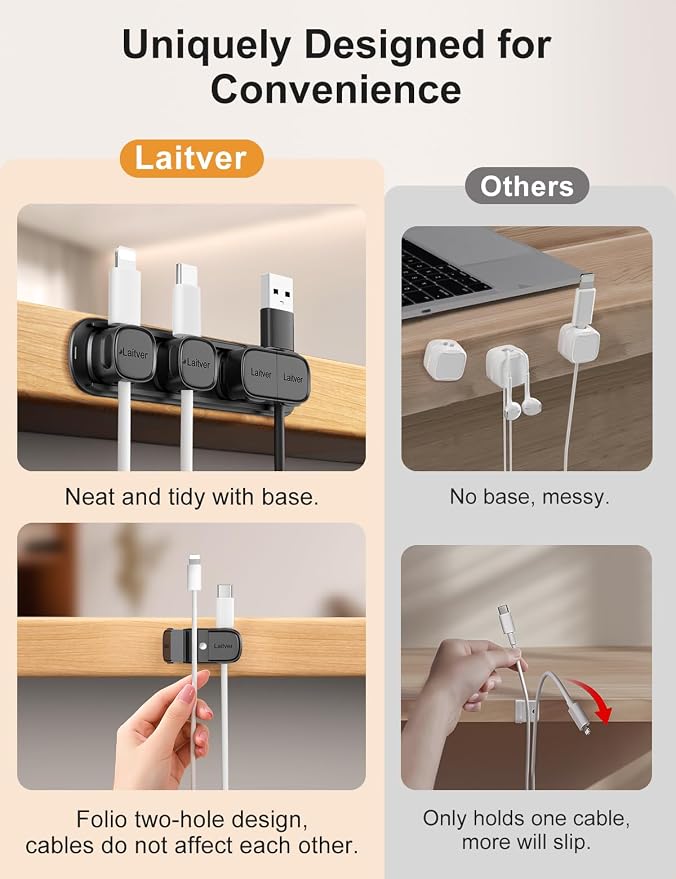 6 Pack Magnetic Cable Clips [1s Open/Lock], Laitver Cord Organizer Holder Strong Adhesive Desk Cable Management- Organize Charging Cords Neatly for Home, Office, Car,Desk, Nightstand-Black | Strong Adhesive Desk Cable Management- Organize Charging Cord...