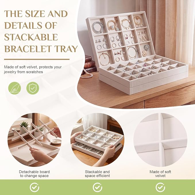Unittype Set of 4 Stackable Jewelry Organizer Tray for Drawer Inserts Velvet Necklace Earring Bracelet Ring Holder Jewelry Display Storage Box for Bangle Stud Necklace Ring(24+12 Grid,Beige)