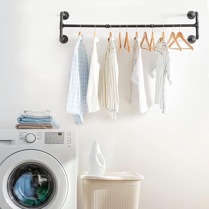 IBUYKE Industrial Pipe Clothes Rack, 50 Inch Wall Mounted Clothing Rack, Space-Saving Hanging Closet Rod, Heavy Duty Multi-Purpose Garment Rack for Closet and Laundry Room(4 Bases), Black TYJ002H