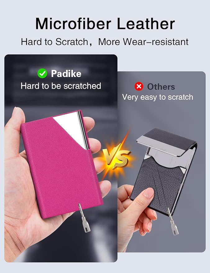 Padike Business Card Holder, Upgraded Leather Business Card Case Pocket Card Holders for Men or Women, Metal Slim Name Card Holder RFID Blocking Business Card Carrier with Magnetic Closure (Rose red)