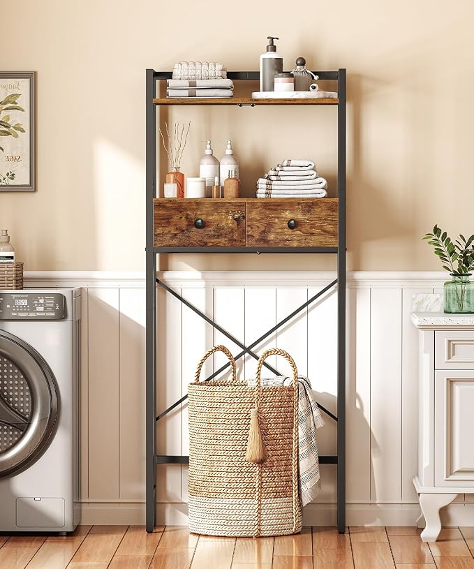 HOOBRO Over The Toilet Storage Rack with 2 Drawers, 3-Tier Bathroom Organizer Shelf Over Toilet, Freestanding Space Saver Bathroom Toilet Shelves Above Toilet for Room, Rustic Brown and Black BF47TS01