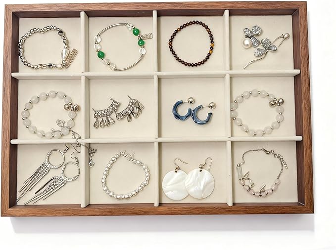 Large Jewelry Trays for Drawers Stackable Velvet Jewelry Display for Vendors Jewelry Drawer Organizer Inserts for Rings Necklace Bracelets Earrings and Studs Earrings (Beige, 12 Grid)