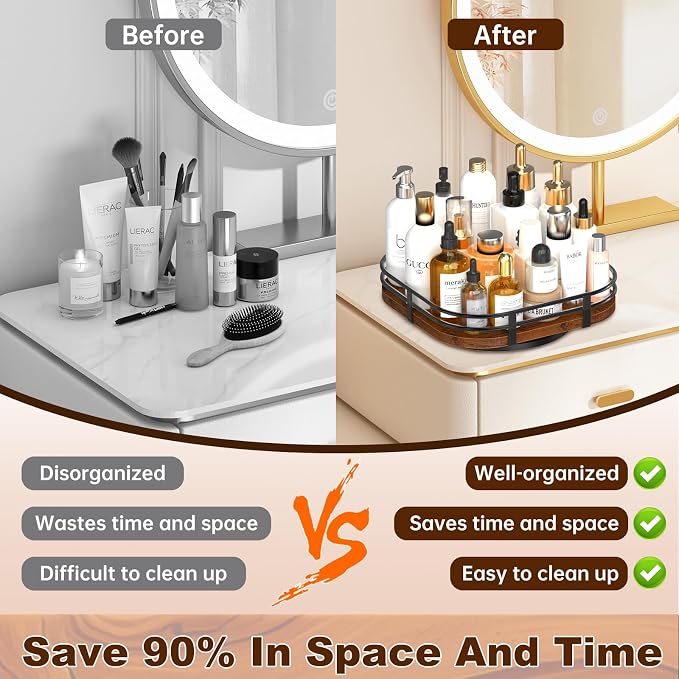 12" Large Lazy Susan Turntable Organizer - Rotating Spice Rack for Table Top, Wood Spice Cabinet Organizer for Pantry Kitchen Countertop Coffee Bar Cupboard Bathroom Vanity Storage
