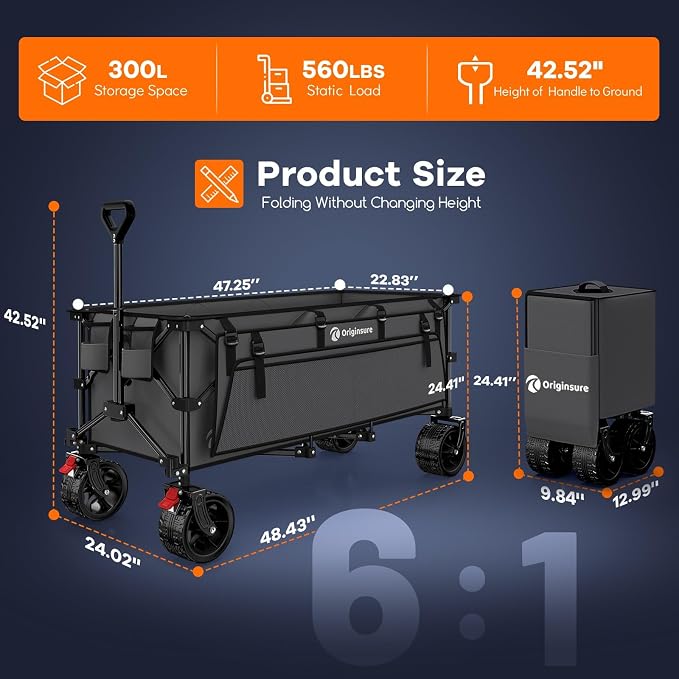 Originsure 48" L Collapsible Wagon Cart Foldable, 560lbs Weight Capacity 300L Heavy Duty Folding Beach Wagons with Big All-Terrain Wheels, Utility Carts for Groceries, Camping, Sports - Grey