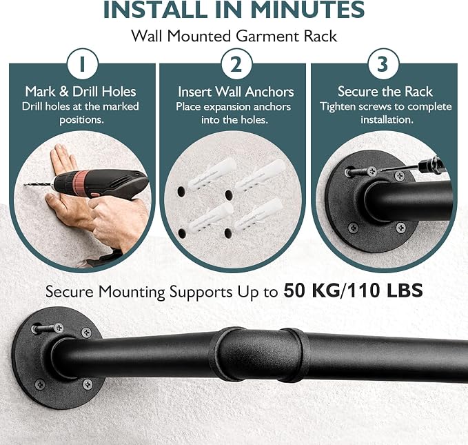 Svyrilk 2 Pack 38.4" Industrial Pipe Clothes Rack | Wall Mounted Heavy Duty Iron Hanging Rod for Closet Storage, Laundry Room, Bedroom, Black