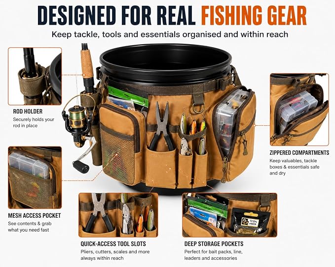 Katai Fishing Bucket Organizer for 5-Gallon Bucket – Heavy-Duty Water-Resistant Tackle Bag with Rod & Pliers Holders – Adjustable Straps & Multi-Pocket Design
