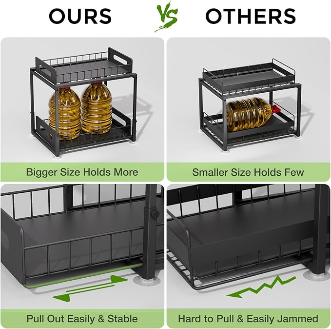 Under Sink Organizer and Storage, 2 Tier Pull Out Under Cabinet Organizer Shelf, Adjustable Height, Thickened Metal Slide Out Under Sink Storage for Kitchen Bathroom Cabinet