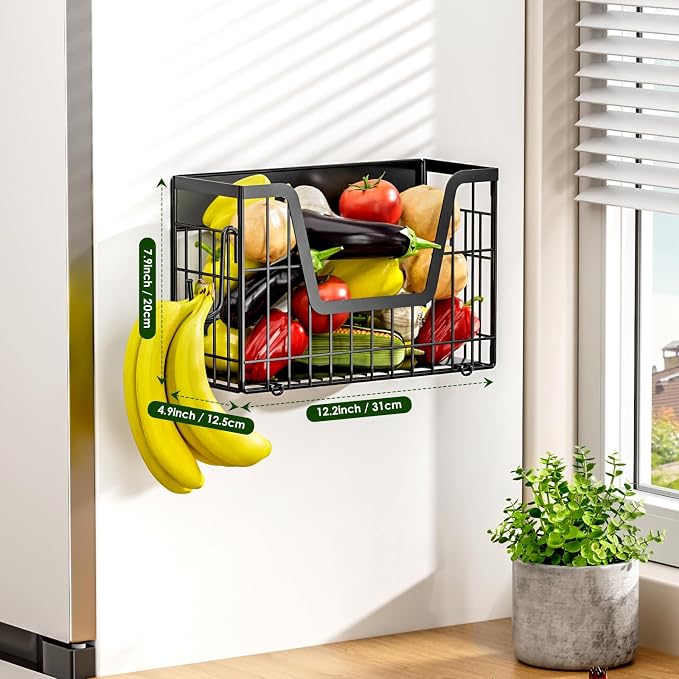 4-Pack Magnetic Fridge Shelf, Black Fruit Basket Potato Storage | Magnetic Shelf Refrigerator Organizer for Fruit & Veggie, Potato Onion Storage Bin; Multi-Use For Kitchen, Pantry & Laundry