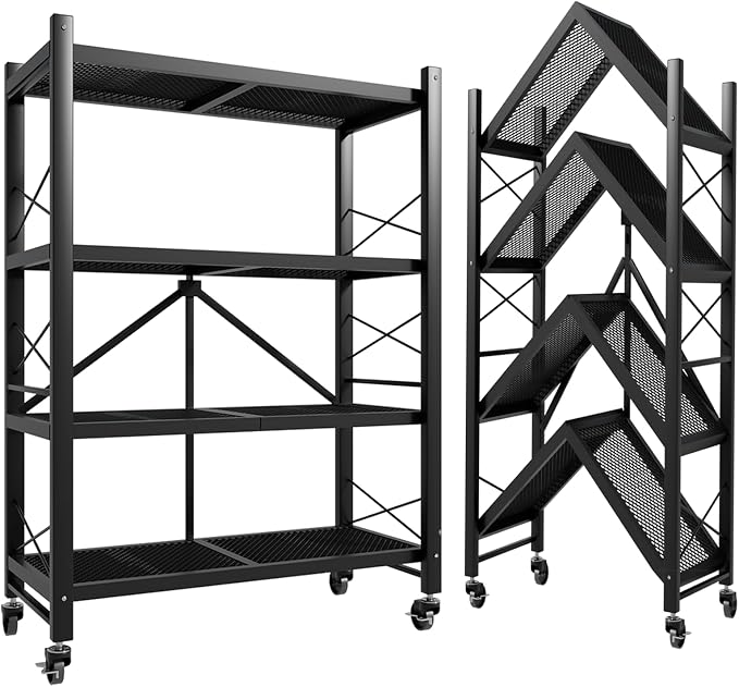 Folding Shelves with Wheels No Assembly, Foldable Metal Shelf Storage Rack for Kitchen, Garage, Vendor Display Events (4-Tier)