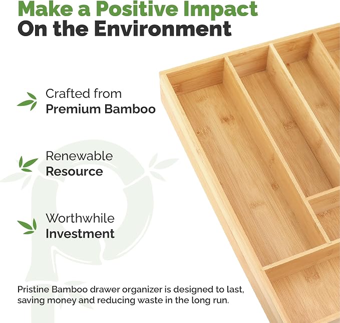 Pristine Bamboo Silverware Organizer, 6-Slot, Small Deep Brown | Small Extra-Deep Wooden Kitchen Drawer Organizer, 6 Slots for Spoons, Forks, Knives – Bamboo Utensil Divider