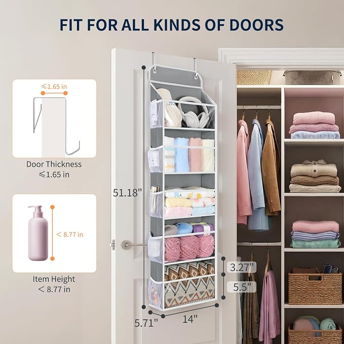 Yecaye 5-Tier Over the Door Organizer Hanging, Toy Stuffed Animal Storage, Behind the Door Storage with 5 Clear View Windows & 10 Side Pockets, Over the Door Storage for Bathroom Closet Nursery, Grey
