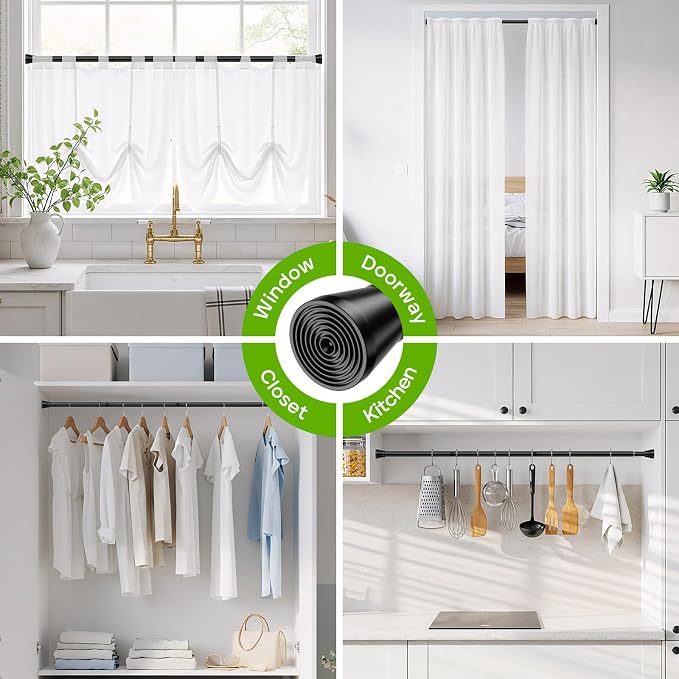Spring Tension Rod 28-48 Inches No Drilling Adjustable Black Spring Loaded Curtain Rod Expandable Extra Long Tension Curtain Rod for Windows,Kitchen,Doorway