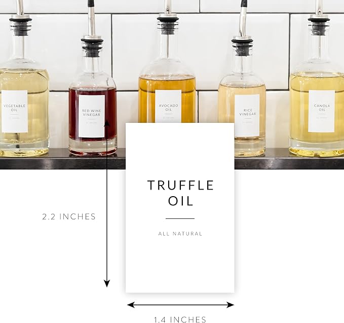 Minimalist Oil Bottle Labels, 95 Preprinted Pantry Stickers for Oils and Vinegar Dispenser Glass Bottles, Condiment Jars, Waterproof Removable, Kitchen Organization