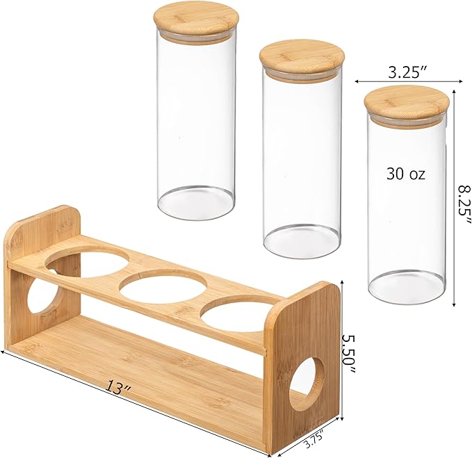 Basicwise 3 Pcs 30oz Glass Jars with Bamboo Shelf for Storing Ground Coffee, Sugar, Beans and Grains, Airtight Canisters for Nuts, Pasta, Flour and Tea Bags - Ideal for Kitchen and Pantry Organization