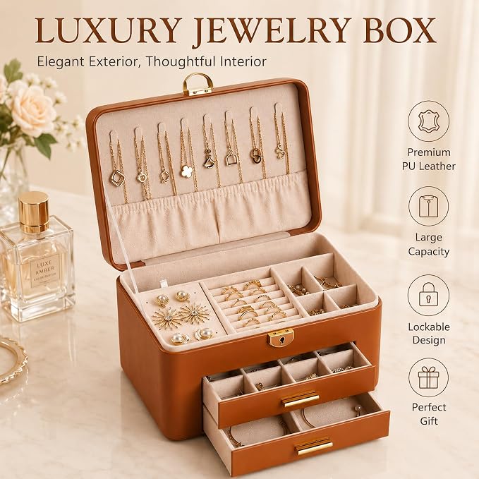 Jewelry Box for Women, Large Dresser Top Organizer with 3 Layers & 2 Drawers, PU Leather Storage Case for Earrings, Necklaces, Rings, Giftable Vanity Box (brown)