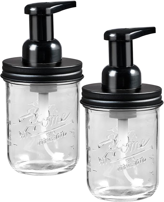 SheeChung Mason Jar Foaming Soap Dispenser, Glass Foaming Hand Soap Dispensers, Stainless Steel Lid, Refillable Foam Soap Dispenser for Bathroom Kitchen, Farmhouse Bathroom Decor (2 Pack, Black)