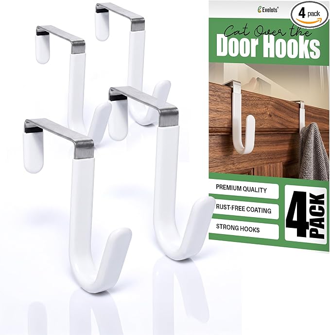 Evelots Over the Door Hooks - 4 Pack - Hangers for Clothes, Towel, Coats, Hats, Handbags - Made of Rubber Coated Steel - Closet, Bathroom, Office