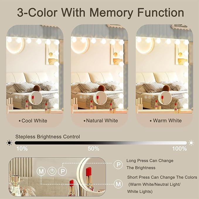 Ratsamee Hollywood Vanity Mirror with Lights, 21 Dimmable Bulbs, 3 Color Lights,Make Up Lighted Mirror, Aluminum Metal Frame, USB Charging Port（40" x 30"）