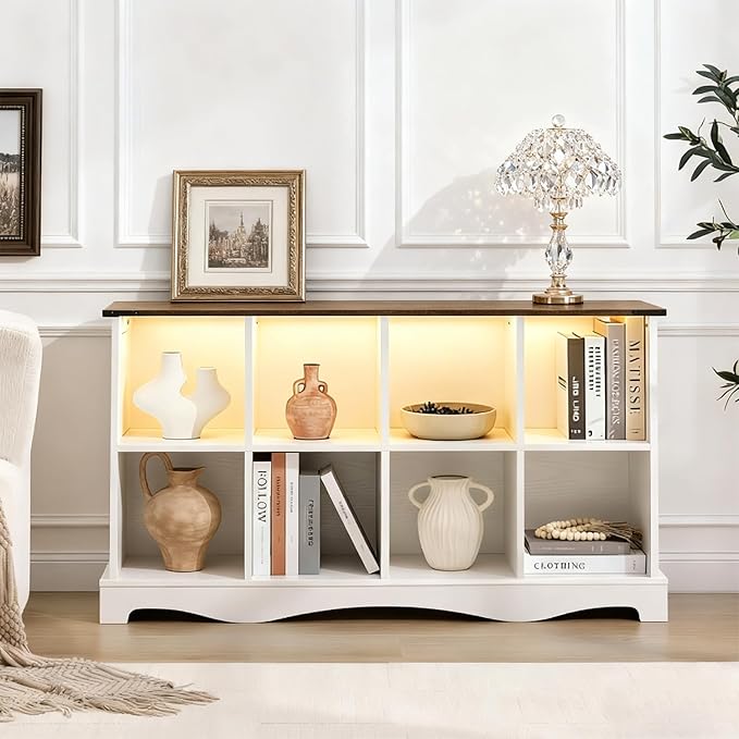 8 Cube Storage Organizer Bookcase, Long Horizontal Wood Bookshelf with Open Compartments, Multi-Purpose Cube Shelf, Hallway TV Stand for Living Room, Bedroom, Entryway, White