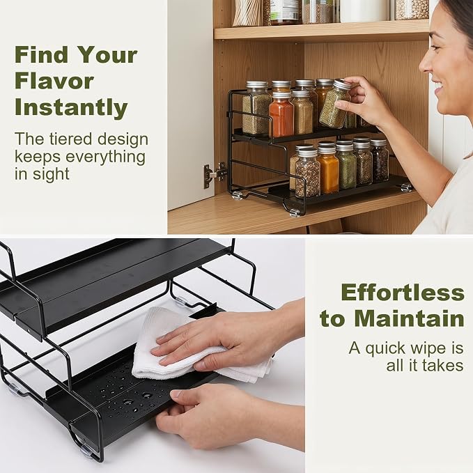 Spice Rack Organizer for Cabinet, Tiered Adjustable Spice Shelf Organization, Metal Seasoning Rack for Kitchen Countertop Cupboard Pantry, Raised Edge Anti-Slip Design for Jars and Bottles