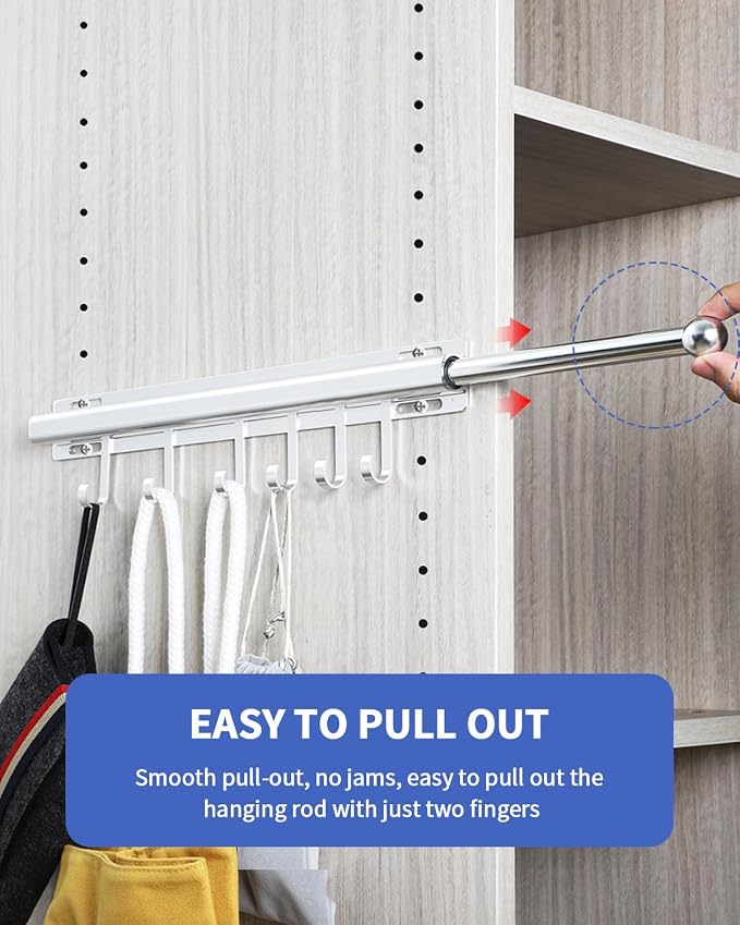 BaiNong Valet Rod for Closets Pull Out 16.5" Silver with 6 Hooks | Closet Valet Rod Slide Out for Closets, Laundry Rooms, RVs Space-Saving