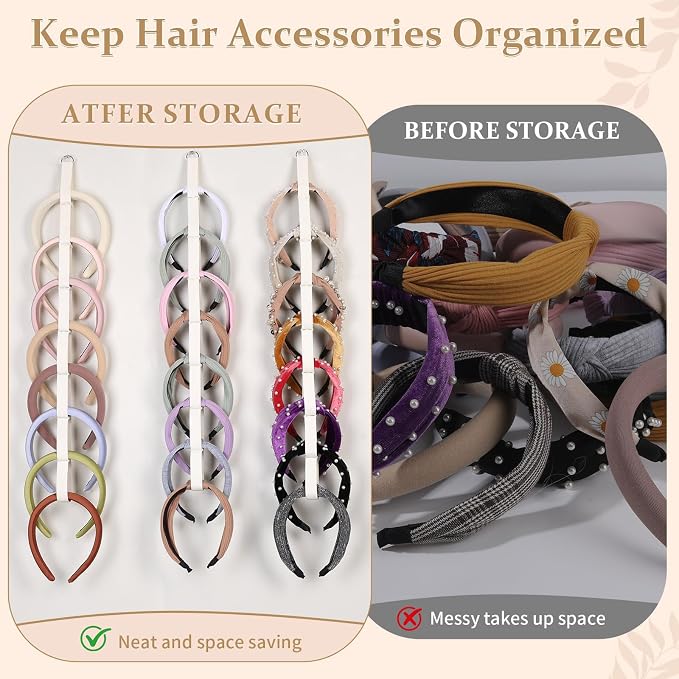 3 PCS Headband Holder Organizer for Girl,Hanging Hairband Storage for Women,Beige Hair Hoop Display Hair Accessories Organizer Bedroom College Dorm Decor
