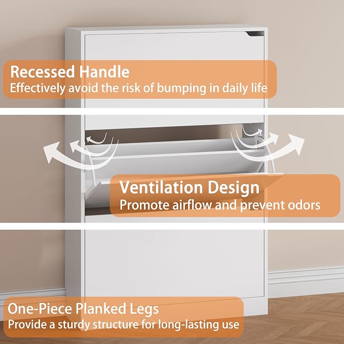 Shoe Storage Cabinet, Wood Shoe Organizer for Entryway with 3 Flip Drawers, Freestanding Shoe Rack with Adjustable Shelf, Narrow Shoe Dresser for Front Door Entrance (White, 3 Drawers)