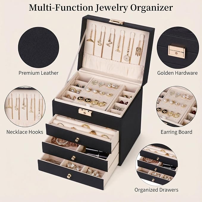 Leather Jewelry Box with Lock for Women, 4-Tier 3-Drawer Jewelry Organizer, Large Capacity Vanity Storage Case for Earrings Rings Necklaces, Gift for Her (Black)