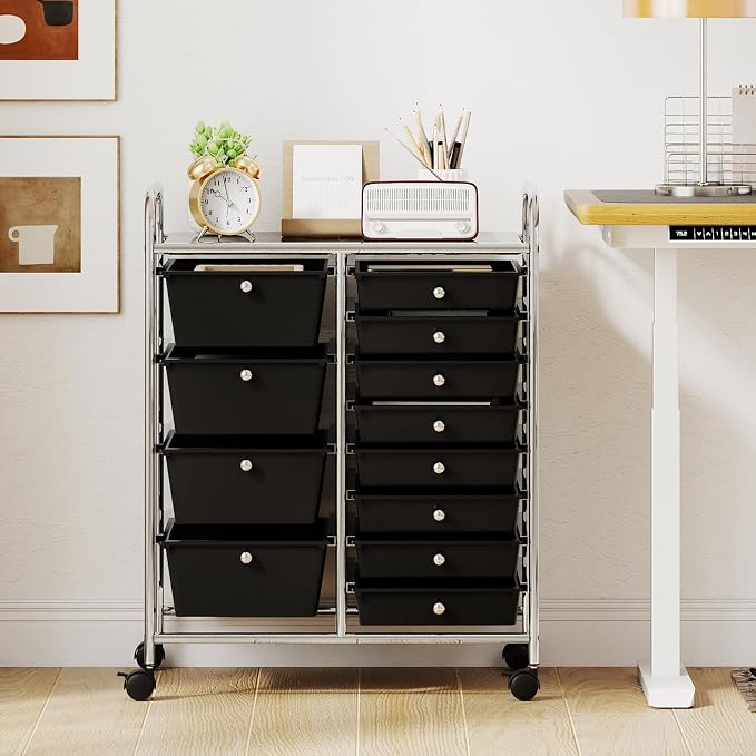 BECOMFORT 15-Drawer Rolling Cart with Drawers, Storage Cart on Wheels, Teacher Classroom Organizers with Metal Frame, Mobile Craft Cart for Tools