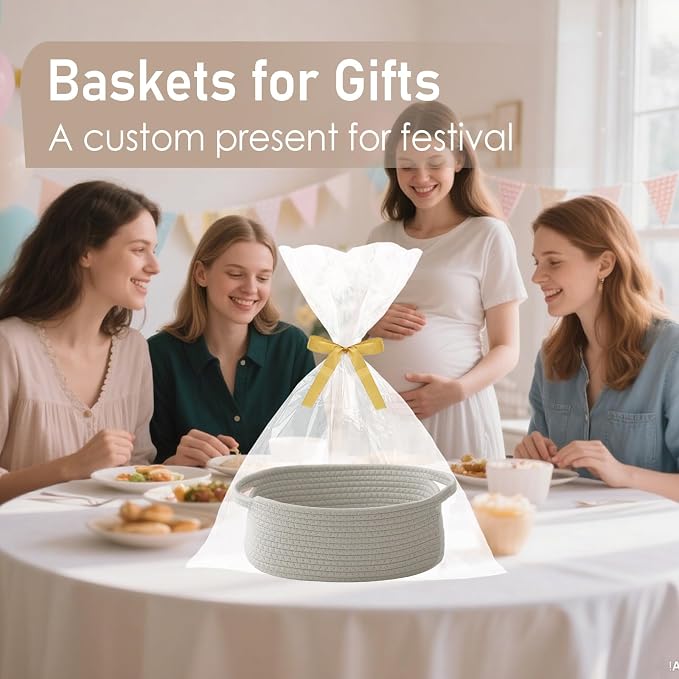JMvicyroam Woven Basket,Small Rope Storage Bin with Handles & Ribbon Bag, Organizer for Shelves Closets,Gift Basket Empty for Birthday,Books,Dog Toys, Grey/3 Pack