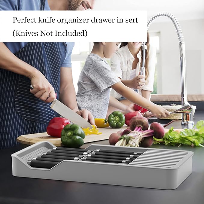 Drawer Knife Organizer Insert with Expandable Tray Fit 11 Knives | Adjustable Plastic Knife Storage Tray Hold Kitchen Tool, BPA-Free, Ventilated, Space-Saving, Easy to Clean