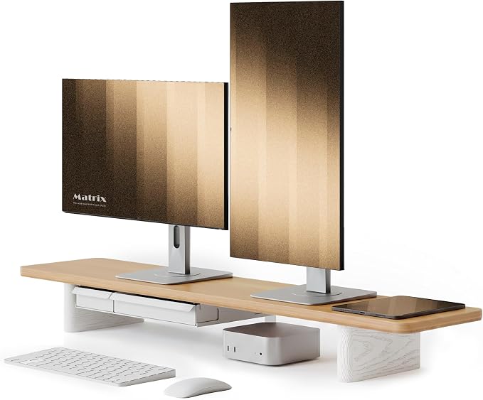 Fenge 42.5" Monitor Stand with Storage Drawers, Minimalist Monitor Riser with Solid Ash Legs and Cable Management, Wooden Desk Shelf for Home Office Workspaces, Dark Oak