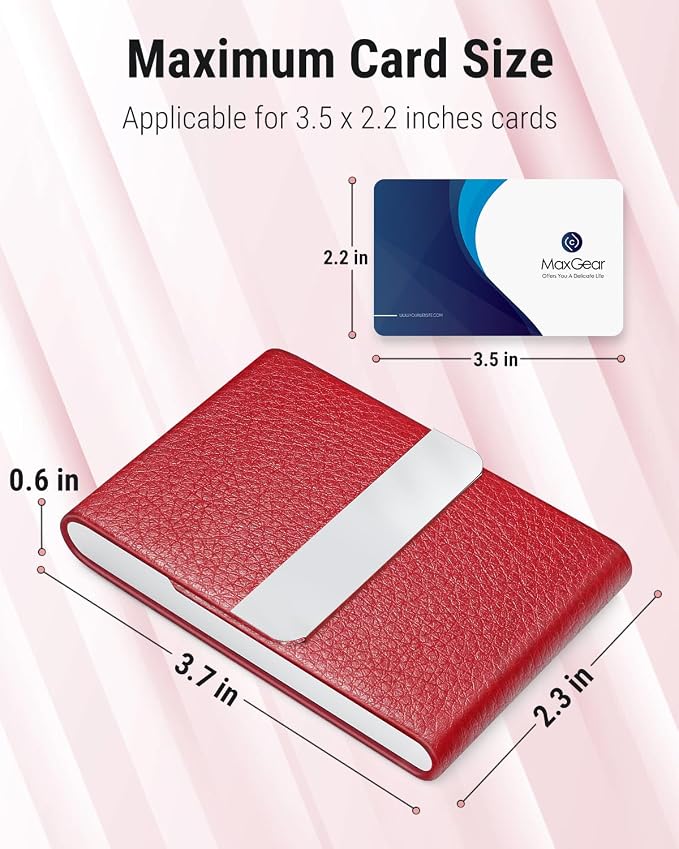 MaxGear Business Card Holder, PU Leather Business Card Case, Red | Stainless Steel Interior, Magnetic Closure, RFID Blocking, Holds 15–25 Standard Business Cards