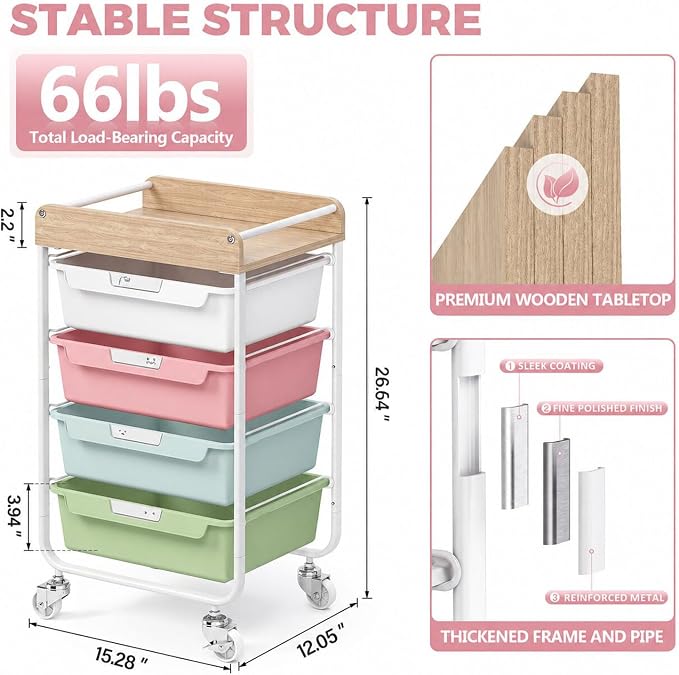 Rolling Craft Storage Cart with 4 Drawers,Utility Cart with Drawers,Art Craft Organizers and Storage,Kids Craft Cart,Kids Art Cart With DIY Lable and Wooden Tabletop Area,Colorful