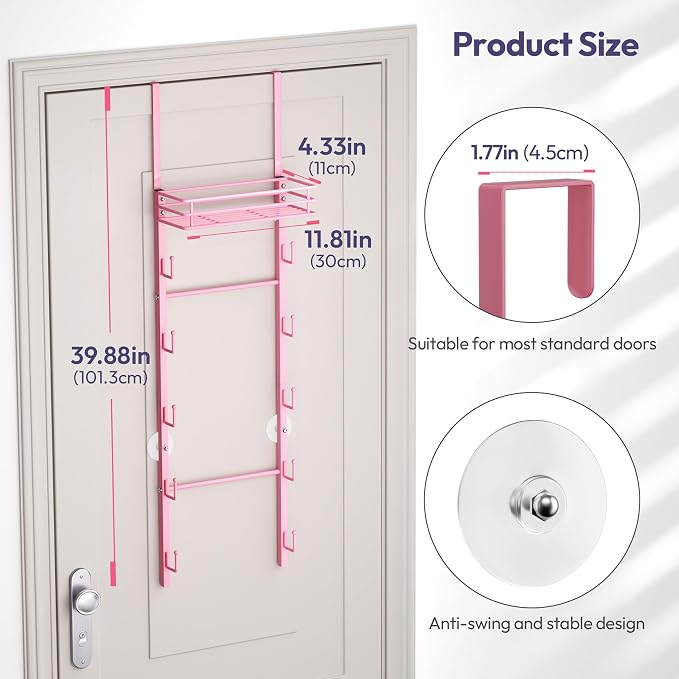 SWTYMIKI Over The Door Purse Organizer - Wall Mounted Handbag Organizer with 10 Hooks and Metal Basket, Hanging Purse Storage Rack Holds up to 10 Bags, Bag Rack Can Use As 1/2 Part, for Door, Closet