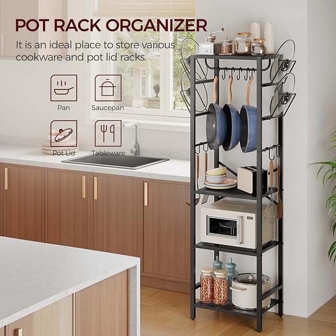 MAHANCRIS 4-Tier Pot Rack, Pots and Pans Organizer for Kitchen Corner, Kitchen Storage Rack with U-Shaped Lid Holders, Freestanding Cookware Stand, Black POBK3001