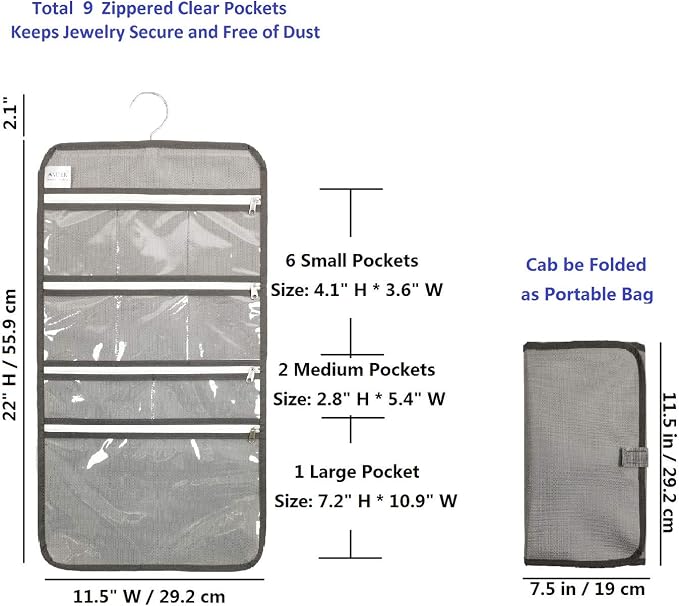 Travel Foldable Jewelry Rolls Bag Hanging Jewelry Organizer with 9 Zippered Clear Pockets Storage Pouch with Rotatable Hanger (GREY)