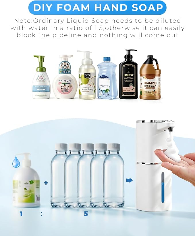 Automatic Foaming Soap Dispenser, USB Rechargeable | 13.5oz/400mL, 9-Adjustable Foam Levels, IPX5 Waterproof, Touchless & Wall/Tabletop Use for Kitchen Bathroom, White