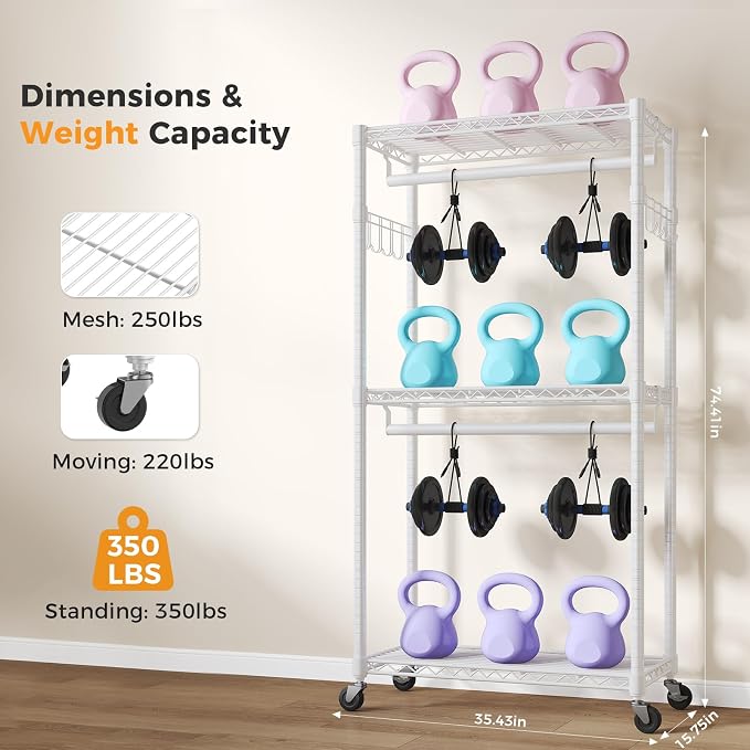 OLIXIS Clothes Rack Heavy Duty Adjustable Garment Clothing Rack with Wheels, Rolling Metal Freestanding Closet Organizer for Hanging Clothes with 2 Side Hooks, Double Rods, 35" x 15" x 75", White