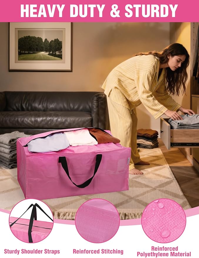 WORKPRO 2 Pack Extra Large Moving Bags with Zippers & Carrying Handles Backpack Straps, Heavy-Duty Storage Tote for Space Saving Moving Storage (Pink)