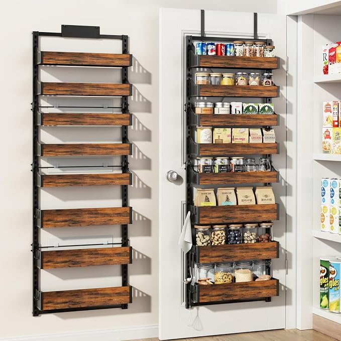 Over the Door Pantry Organizer: Storage and Pantry Organization with Hanging Basket - 8-Tier Metal Spice Rack Adjustable Shelves for Kitchen Laundry Room Bedroom & Bathroom Black