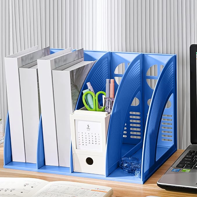 A4 File Holder Magazine File Folder Desk Organizer, 4 Vertical Compartments Bookshelf Document Divider Paper Box Bookends for Office Home Organization and Storage Racks