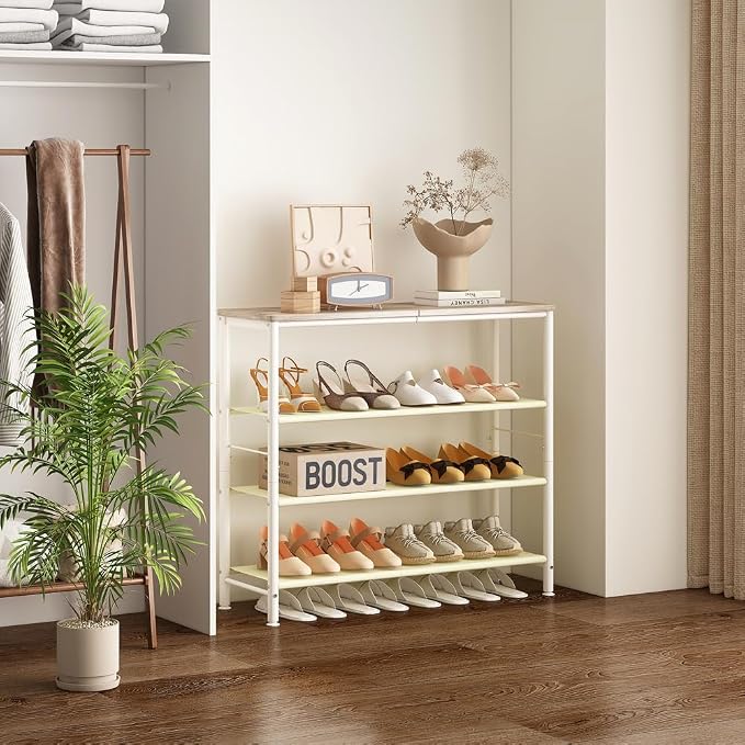 INGIORDAR Shoe Rack Storage Organizer with MDF Board Layer Fabric 6 Tier | Metal space-saving Shoe Shelf stores 16 Pairs of Shoes for Closet Entryway Bedroom Living Room Garage White