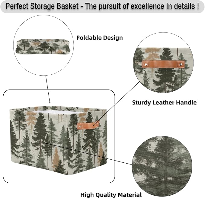 Rectangular Storage Bins Forest Pine Tree Pattern Collapsible Fabric Storage Basket Organizer with Handles for Nursery Bedroom Bathroom
