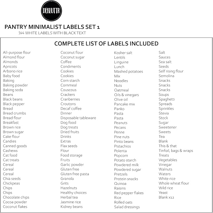 Pantry Labels - Waterproof Minimalist Preprinted Canister Labels for Food Containers - Plastic and Glass - White Vinyl - Set of 1